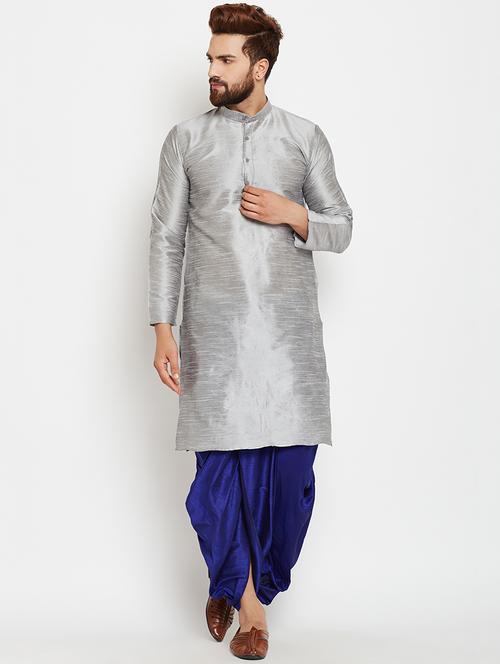 silver silk blend dhoti kurta set - 15781724 - Very Small Image - 1
