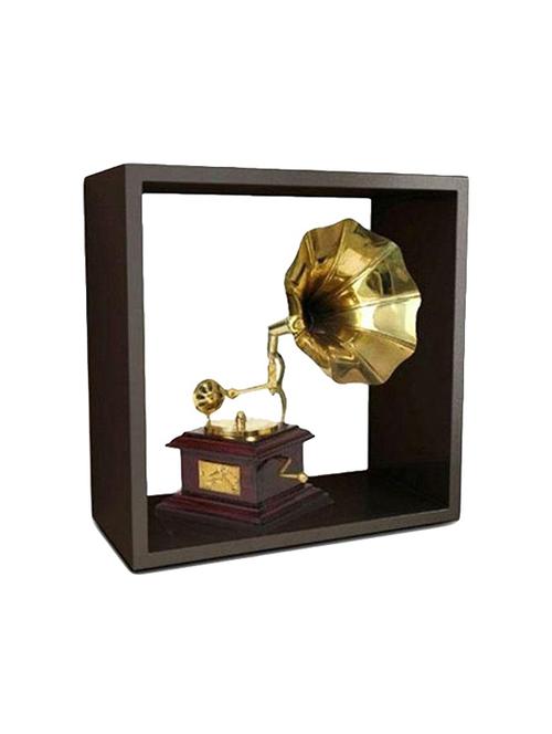 desi karigar gold and brown wood & brass wall shelf with gramophone - 15791512 - Very Small Image - 1