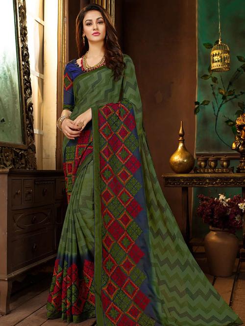chevron printed embroidered saree with blouse - 15793654 - Very Small Image - 1