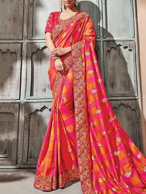 checkered ethnic motif foil print saree with blouse - 15793726 - Very Small Image - 1