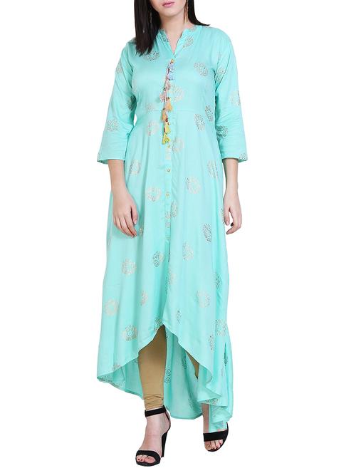 turquoise foil print asymmetric kurta - 15795134 - Very Small Image - 1
