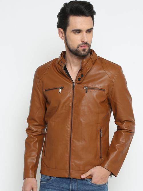 brown solid biker jacket - 15798427 - Very Small Image - 1
