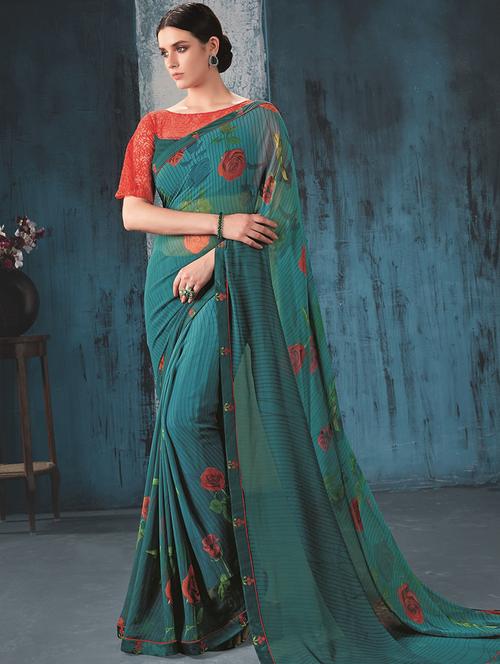 floral printed saree with blouse - 15798546 - Very Small Image - 1