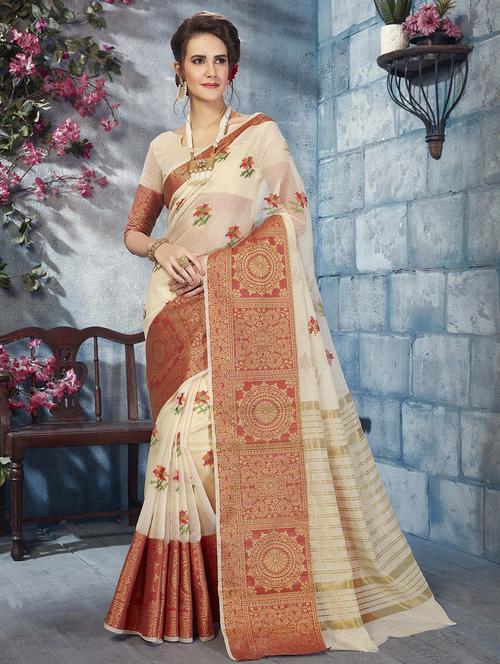 cross stitch embroidered printed border saree with blouse - 15799071 - Very Small Image - 1