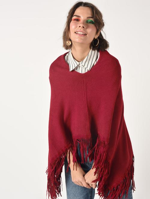 fringed edge v-neck poncho - 15800330 - Very Small Image - 1