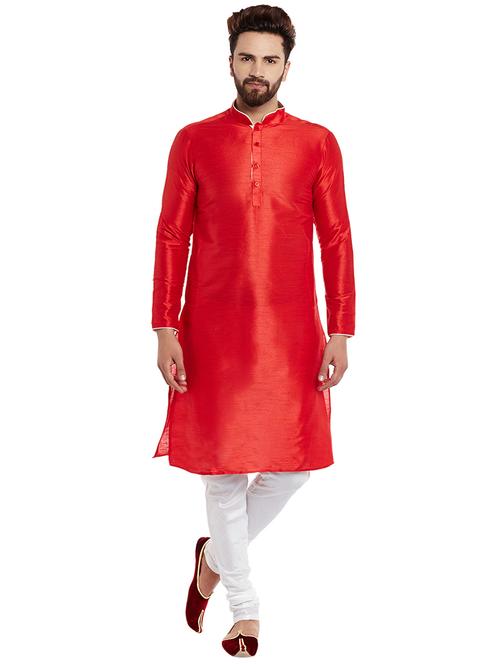 red dupion kurta pyjama set - 15800507 - Very Small Image - 1