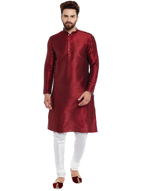maroon dupion kurta pyjama set - 15800523 - Very Small Image - 1