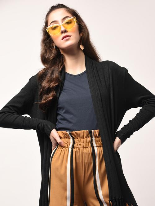 rib detail sleeved fringed hem shrug - 15801873 - Very Small Image - 1