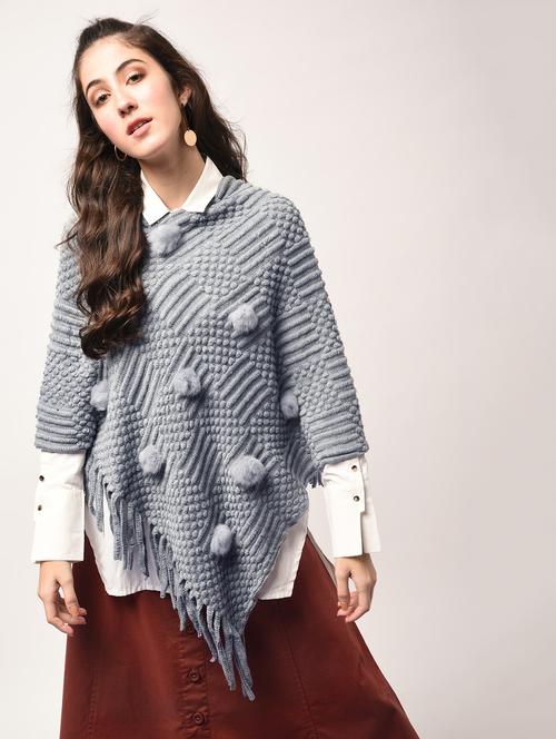 pom pom detail fringed edge poncho - 15801891 - Very Small Image - 1