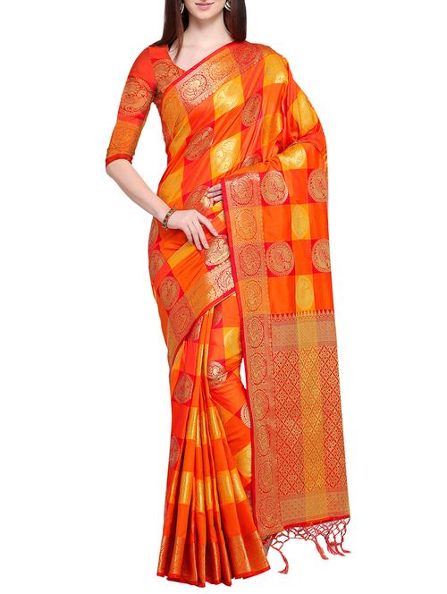 checkered ethnic motif banarasi silk saree with blouse - 15802161 - Very Small Image - 1