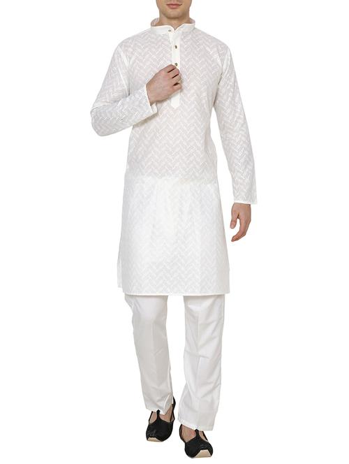 white cotton embroidered long kurta - 15803134 - Very Small Image - 1