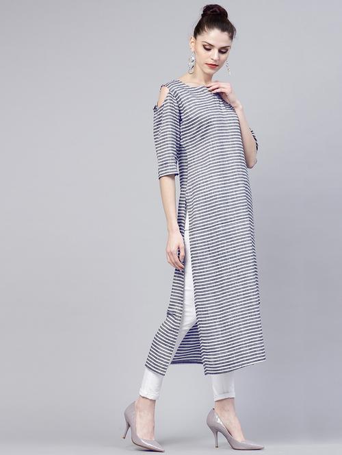 cold shoulder striped straight kurta - 15803509 - Very Small Image - 1