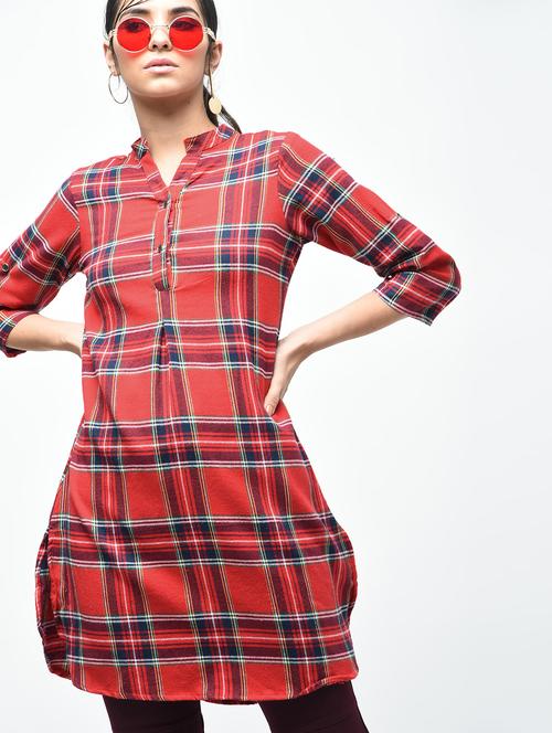 checkered red a-line kurti - 15803762 - Very Small Image - 1