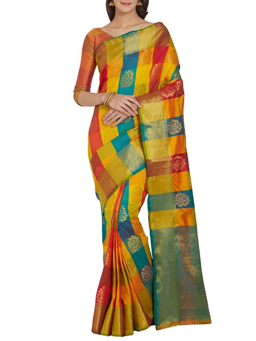 checkered zari motifs woven saree with blouse - 15804348 - Very Small Image - 1