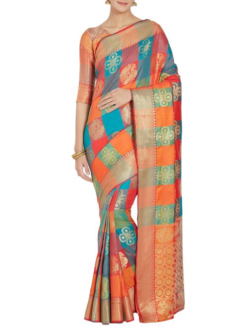 checkered floral motifs woven saree with blouse - 15804350 - Very Small Image - 1