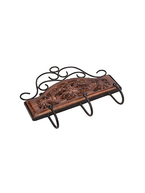 desi karigar wooden & iron fancy design wall hanging cloth hanger with 3 hooks size(lxbxh-11x1x10) inch - 15804373 - Very Small Image - 1