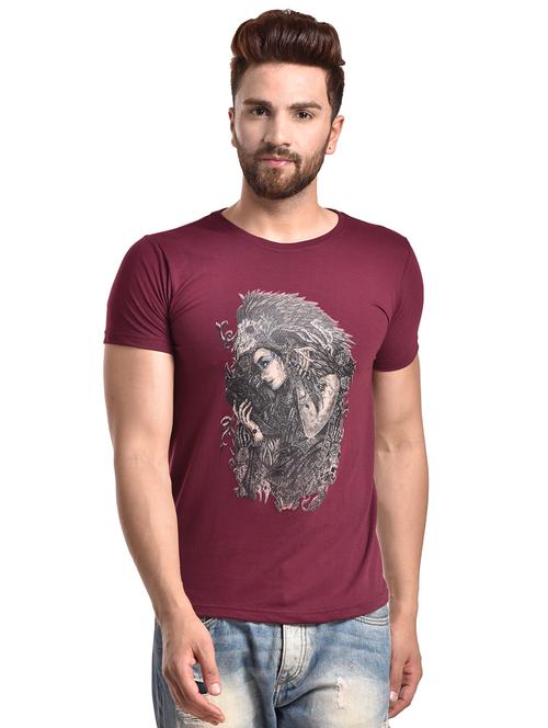 maroon chest print round neck t-shirt - 15805223 - Very Small Image - 1