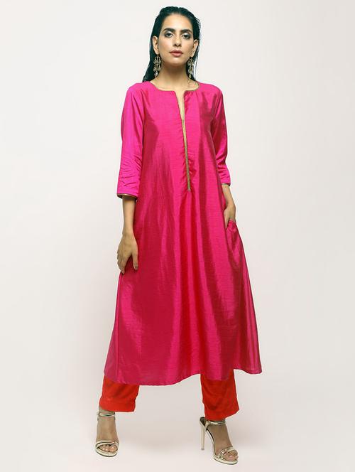 fuchsia flared silk kurta pant set - 15807812 - Very Small Image - 1