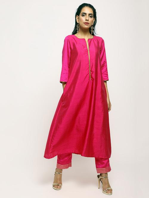 fuchsia flared silk kurta pant set - 15807816 - Very Small Image - 1