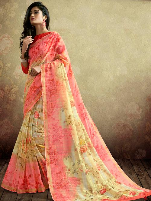 digital floral linen printed saree with blouse - 15809199 - Very Small Image - 1