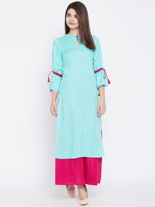 drawstring sleeved kurta with palazzo set - 15811553 - Very Small Image - 1
