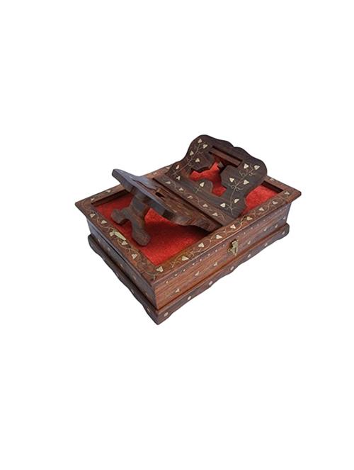 desi karigar wooden hand carved holy book stand and box with brass work for quran, bible, gita, ved, guru granth sahib - 15813920 - Very Small Image - 1
