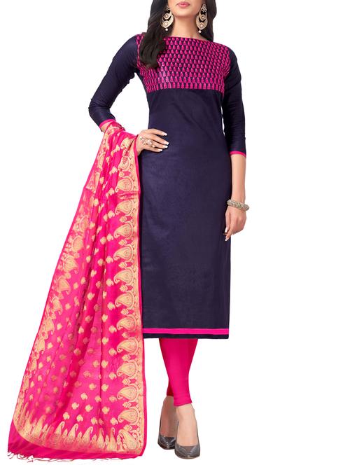 navy cotton unstitched suit - 15817324 - Very Small Image - 1