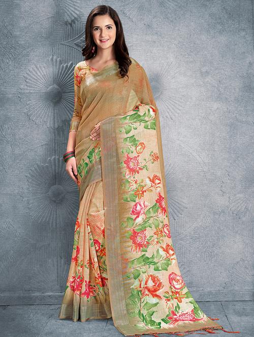 digital floral printed linen saree with blouse - 15817384 - Very Small Image - 1
