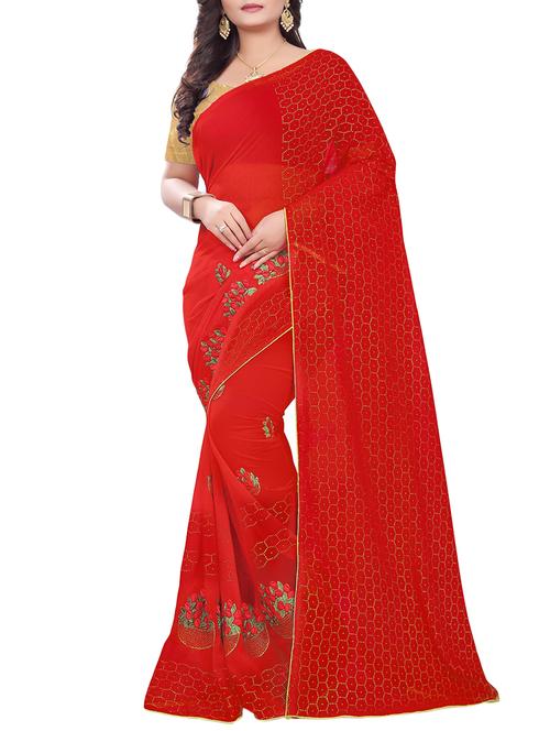 foil print cherry red embroidered saree with blouse - 15819483 - Very Small Image - 1