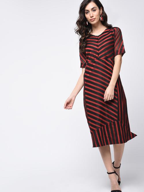 a-line striped v-neck dress - 15821164 - Very Small Image - 1