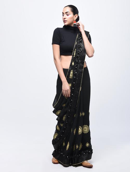 ribbon work floral embroidered black saree with blouse - 15821171 - Very Small Image - 1