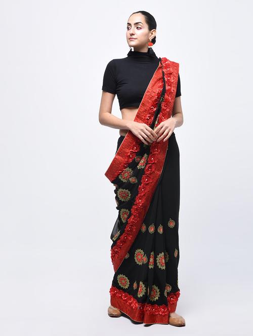 ribbon work floral embroidered black saree with blouse - 15821315 - Very Small Image - 1