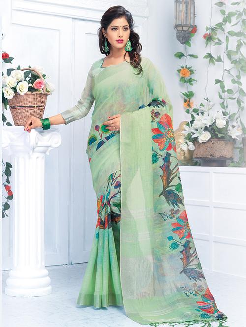 floral printed linen saree with blouse - 15821820 - Very Small Image - 1