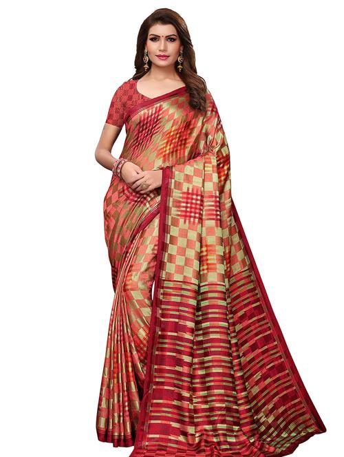 checkered printed art silk saree with blouse - 15821854 - Very Small Image - 1