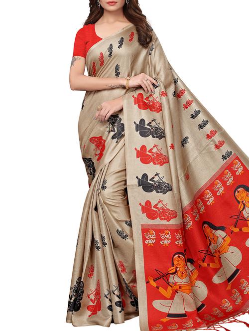 contrast border kalamkari printed saree with blouse - 15822420 - Very Small Image - 1