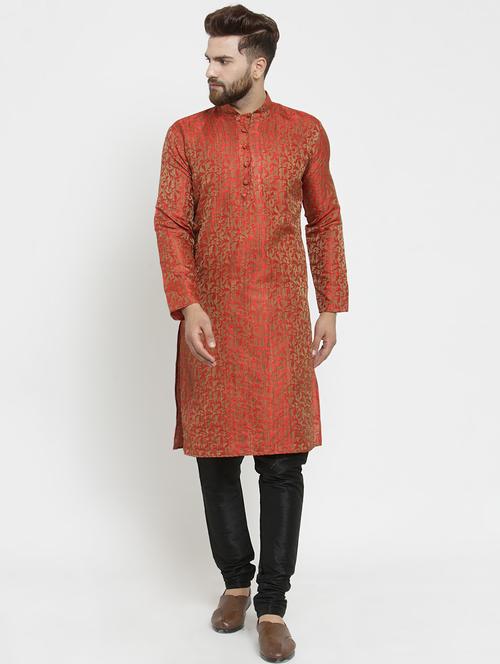 red dupion kurta pyjama set - 15824476 - Very Small Image - 1