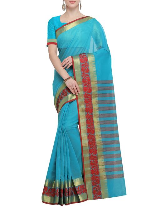 floral zari border woven saree with blouse - 15826291 - Very Small Image - 1