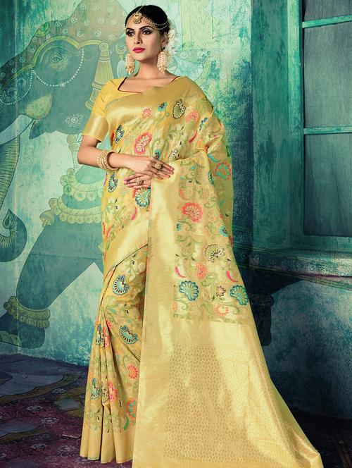 floral zari motif yellow banarasi saree with blouse - 15826785 - Very Small Image - 1