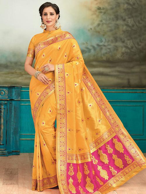 contrast zari pallu yellow banarasi saree - 15826798 - Very Small Image - 1