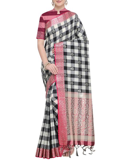 checkered self design banarasi saree with blouse - 15827352 - Very Small Image - 1