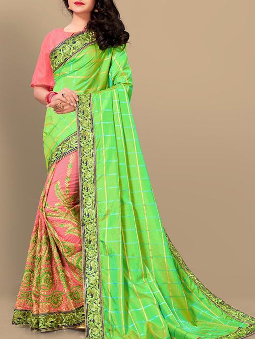 checkered embroidered half & half saree with blouse - 15831080 - Very Small Image - 1