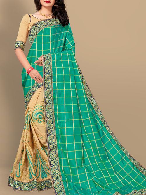 checkered embroidered turquoise half & half saree with blouse - 15831229 - Very Small Image - 1