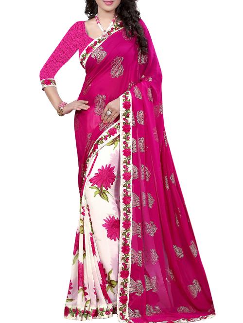 floral foil printed half and half saree with blouse - 15831631 - Very Small Image - 1