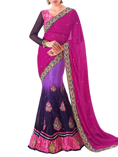 floral patchwork embellished magenta lehenga saree with blouse - 15832158 - Very Small Image - 1