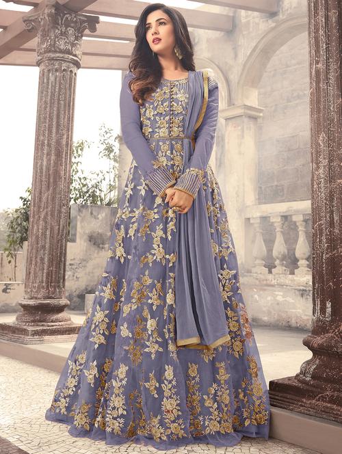 Embroidered semi-stitched anarkali suit - 15833041 - Very Small Image - 1