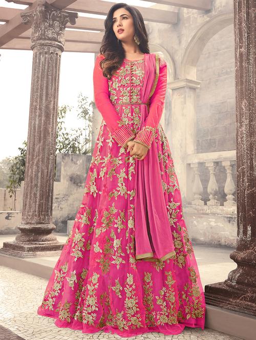 Embroidered semi-stitched anarkali suit - 15833045 - Very Small Image - 1