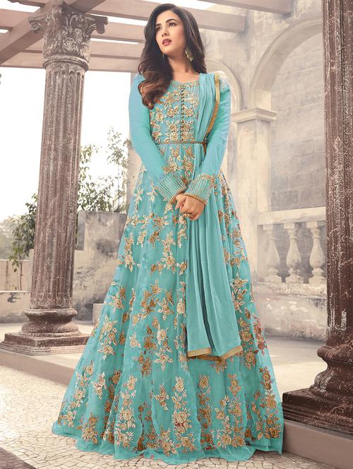 Embroidered semi-stitched anarkali suit - 15833047 - Very Small Image - 1