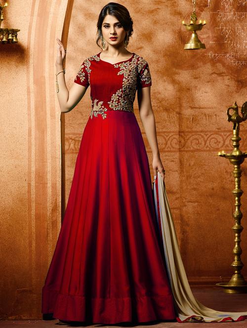 Embroidered semi-stitched anarkali suit - 15833102 - Very Small Image - 1