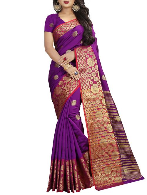floral zari motif purple banarasi saree with blouse - 15834774 - Very Small Image - 1