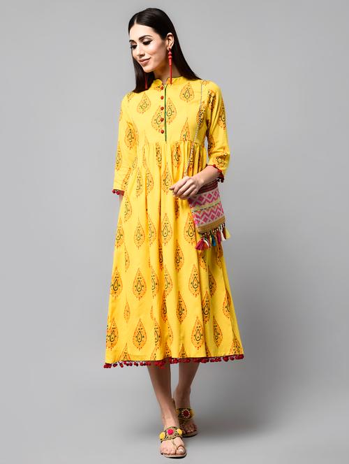 yellow cotton flared kurta - 15836308 - Very Small Image - 1
